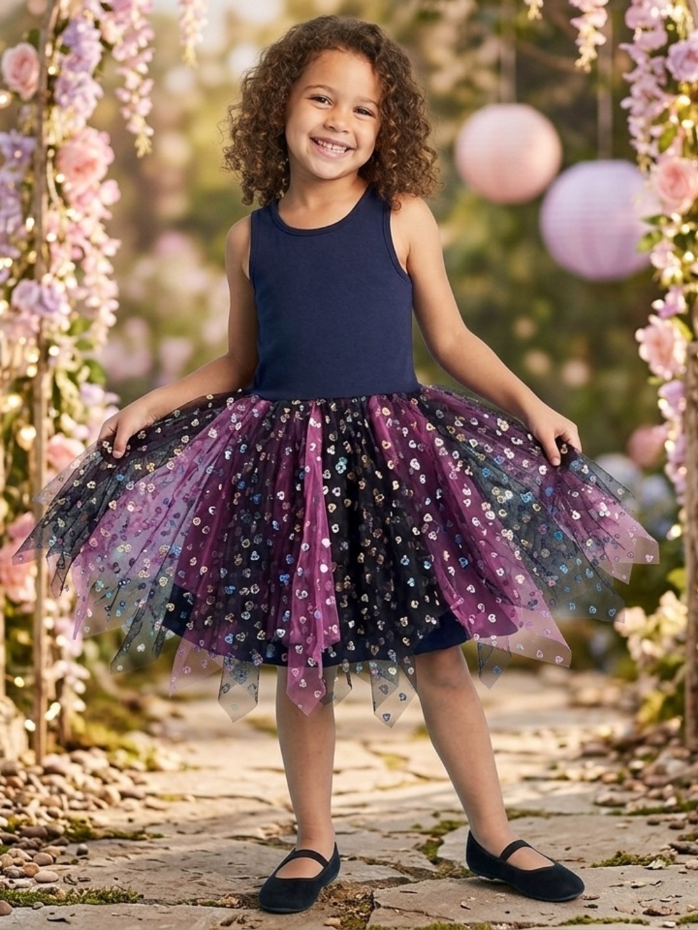 NWOT Truly Me Girls Navy Blue & Pink Glitter Heart Tulle Tutu Dress - Size 6